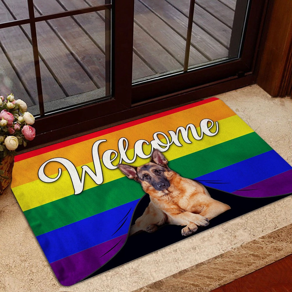 German Shepherd Welcome Doormat, LGBT German Shepherd Dog Welcome Pride Rainbow Flag Welcome Doormat, Pets Home Decor Door Mat