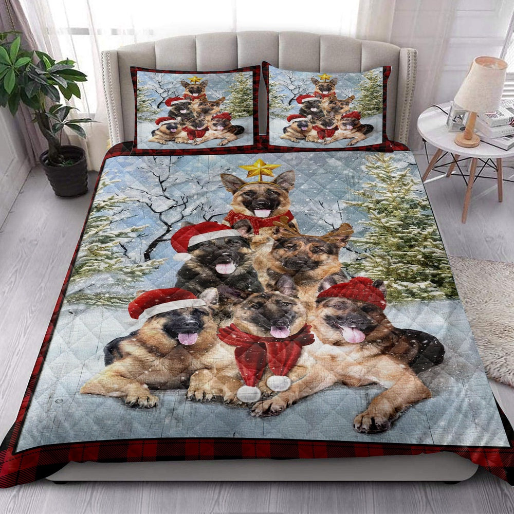 German Shepherdmas Tree With Santa Hat Snowflake Red Bedding Set, Christmas Beddings, Xmas Bedding Sets