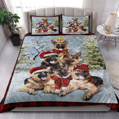 German Shepherdmas Tree With Santa Hat Snowflake Red Bedding Set, Christmas Beddings, Xmas Bedding Sets
