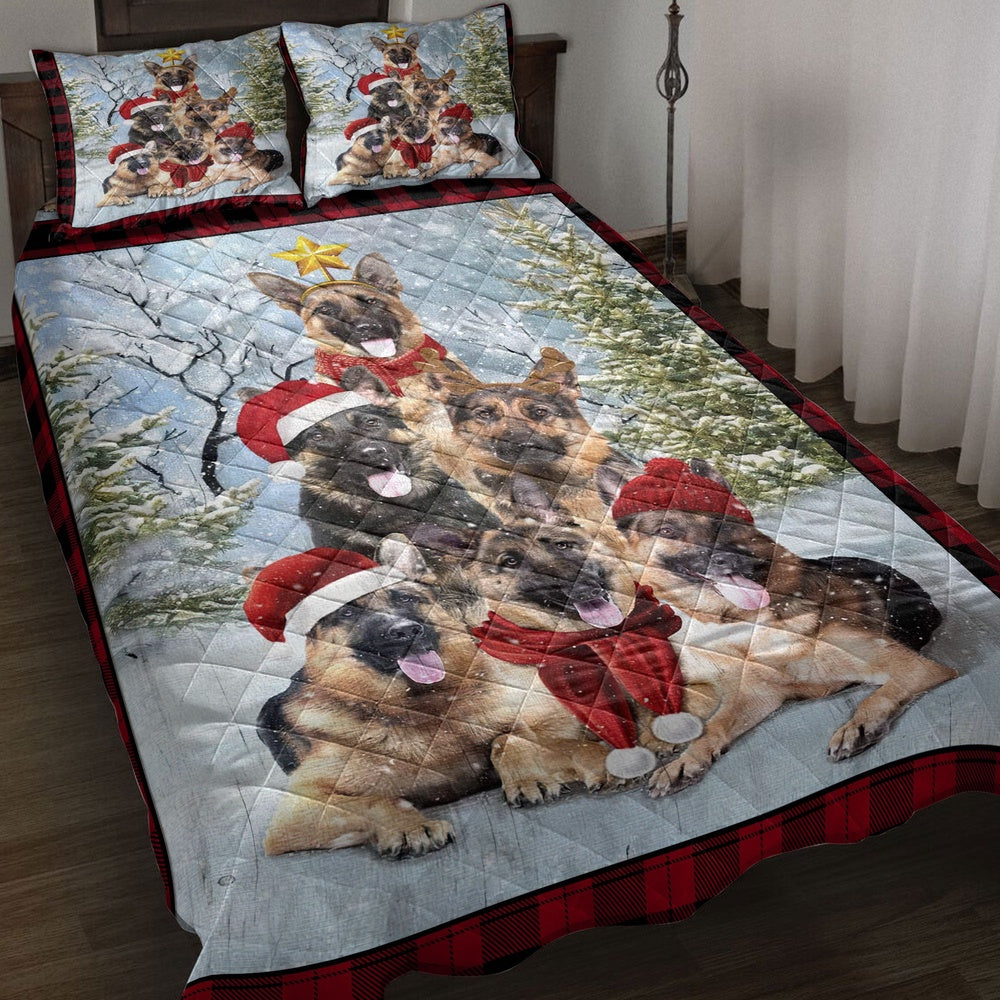 German Shepherdmas Tree With Santa Hat Snowflake Red Bedding Set, Christmas Beddings, Xmas Bedding Sets