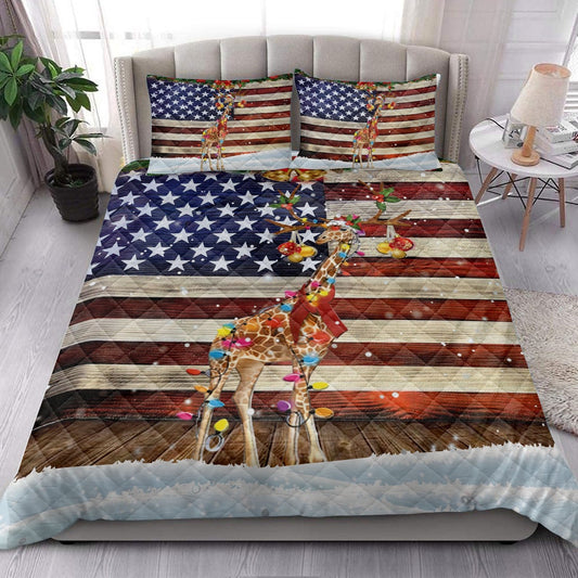 Giraffe Quilt Set, Giraffe Wearing Amas Hat With String Light Us Flag Bedding Set, Christmas Beddings, Xmas Bedding Sets