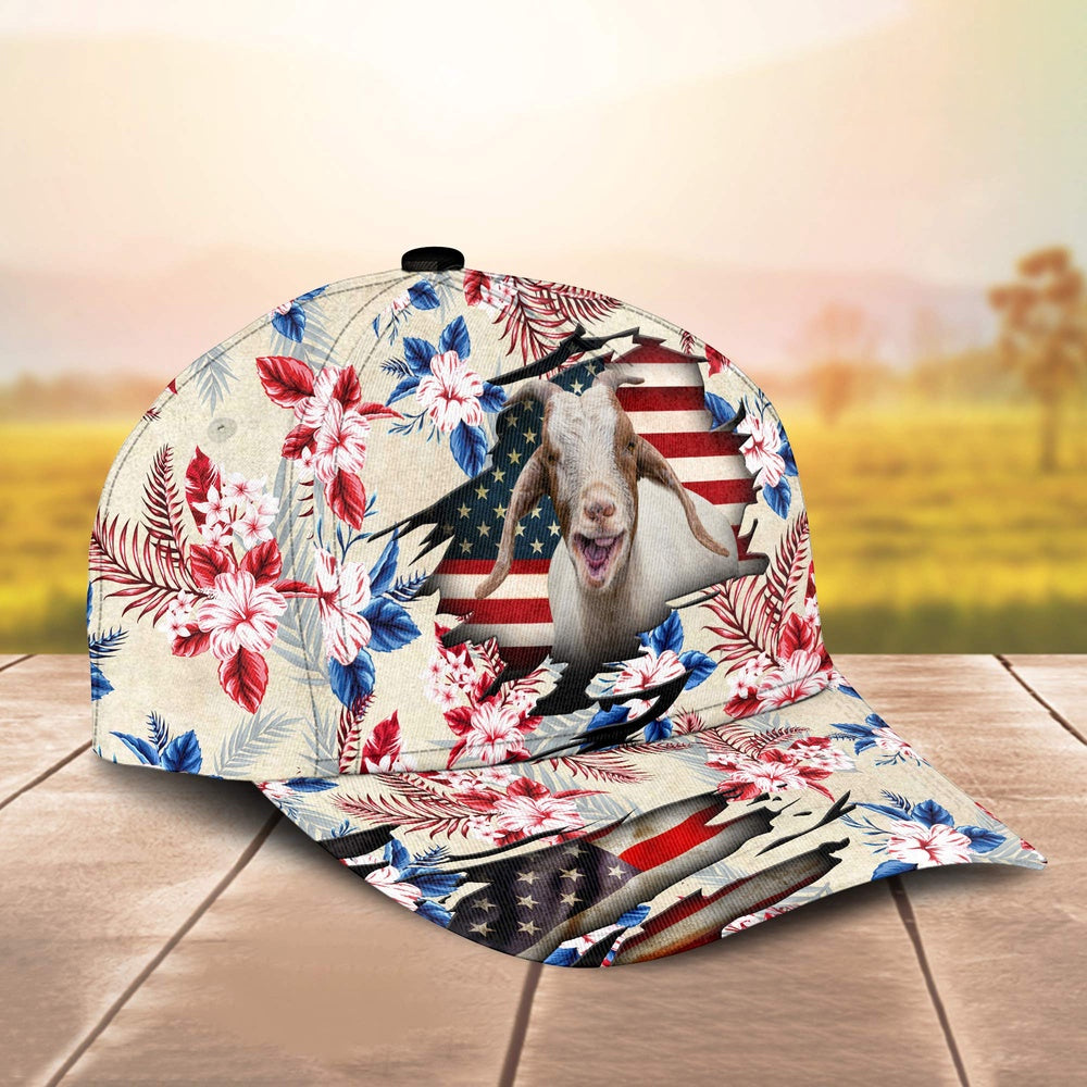 Goat American Flag Flowers Pattern Cap, Farmer Cap, Vintage Farmer Hat, Mens Farmer Hats, Cap For Farmers