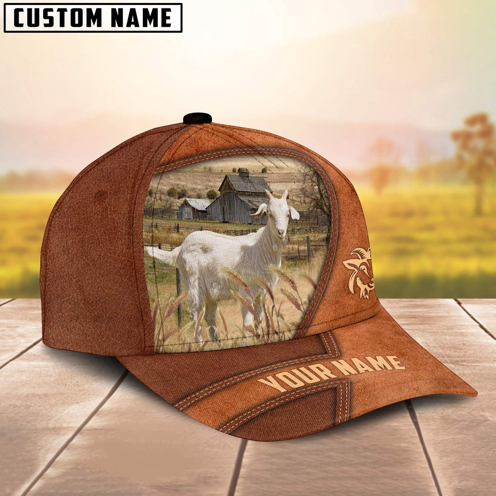 Goat Customized Name Brown Leather Pattern Cap, Farmer Cap, Vintage Farmer Hat, Mens Farmer Hats, Cap For Farmers