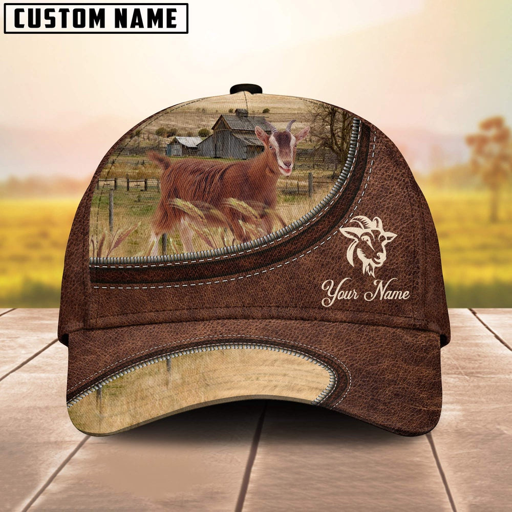 Goat On The Farm Customized Name Leather Pattern Cap, Farmer Cap, Vintage Farmer Hat, Mens Farmer Hats, Cap For Farmers