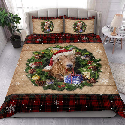 Goat Wearing Wreath Amas Hat Red Buffalo Plaid Holiday Bedding Set, Christmas Beddings, Xmas Bedding Sets