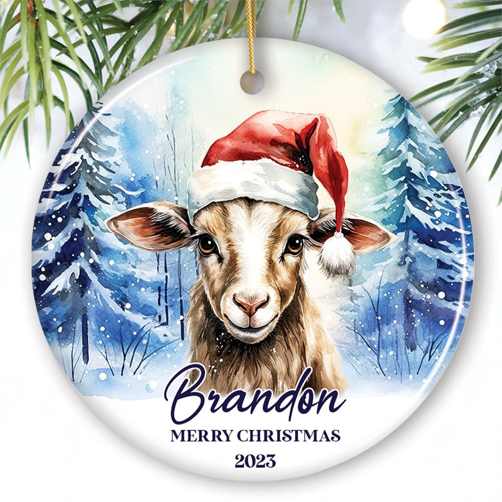 Goat with Santa Hat Personalized Ornament, Winter Forest Christmas, Christmas Ornament, Personalized Ornaments