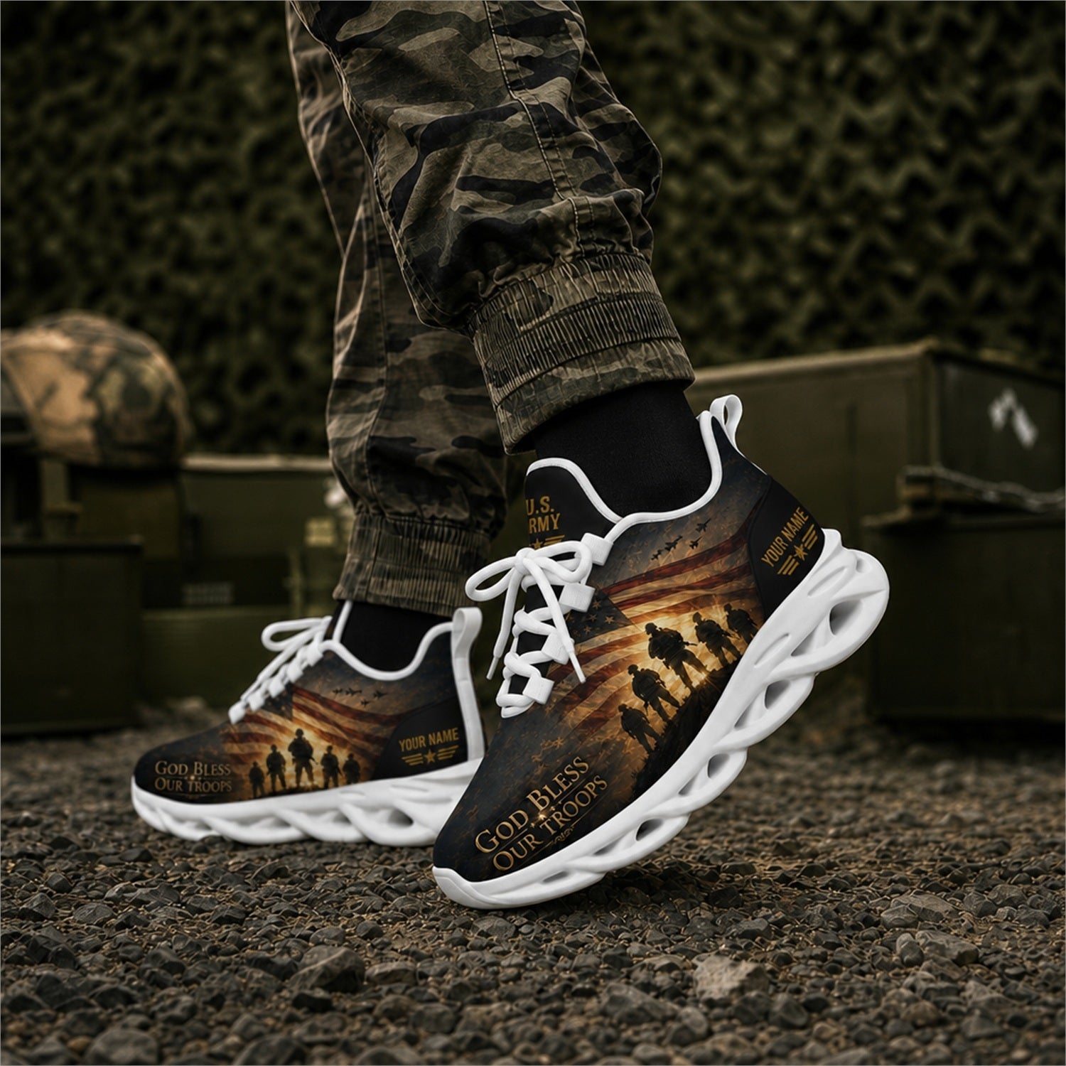 Custom Name God Bless Our Troops Max Soul Shoes, Veteran Sneaker