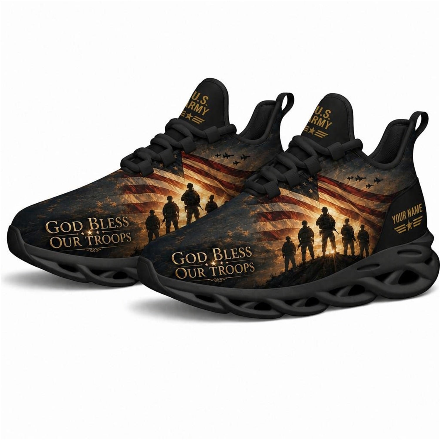 Custom Name God Bless Our Troops Max Soul Shoes, Veteran Sneaker