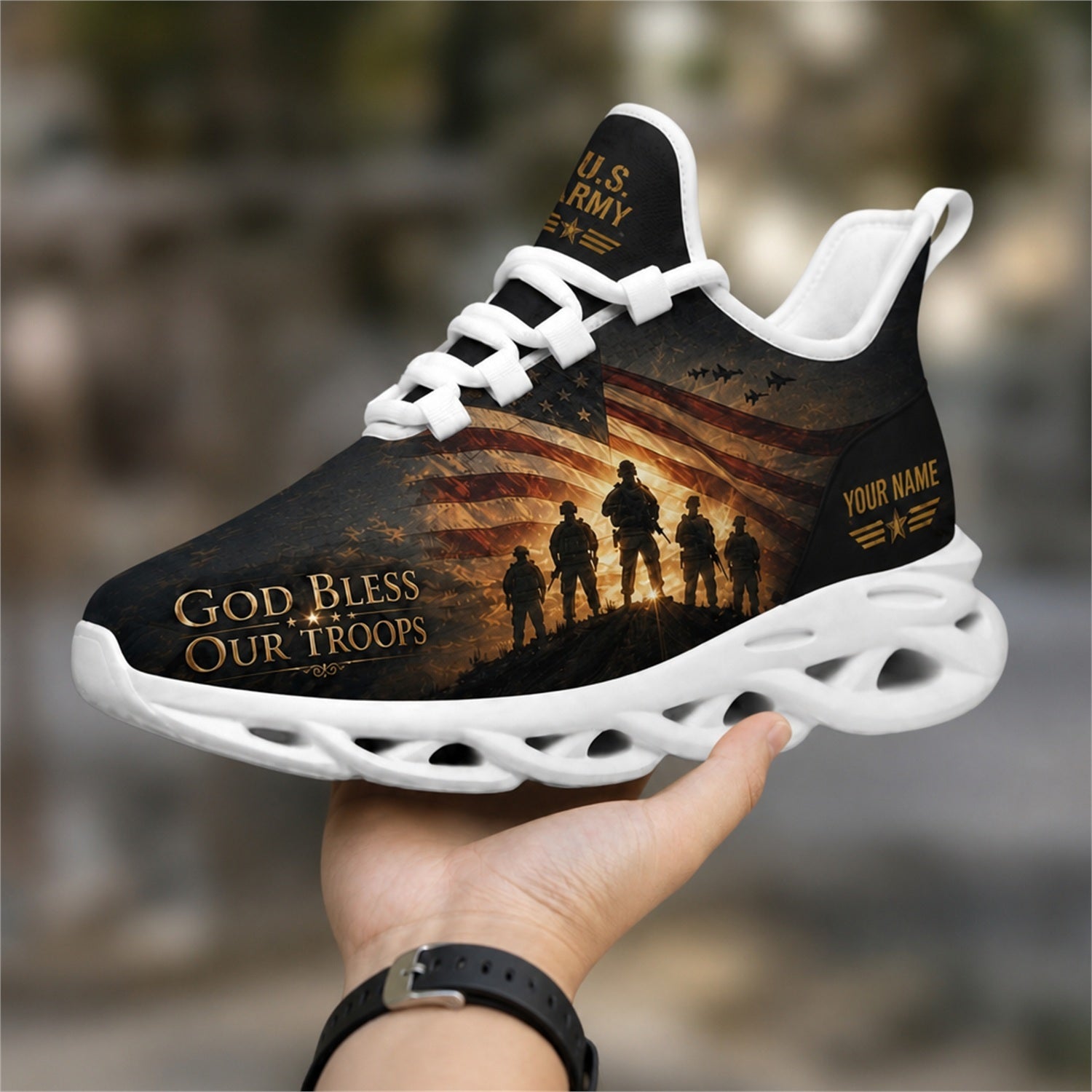 Custom Name God Bless Our Troops Max Soul Shoes, Veteran Sneaker