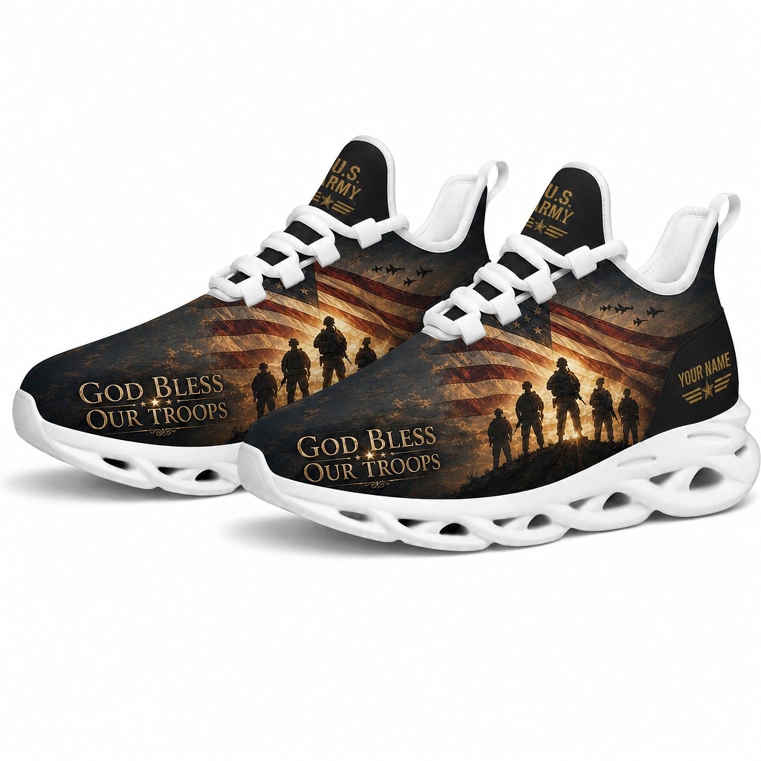 Custom Name God Bless Our Troops Max Soul Shoes, Veteran Sneaker