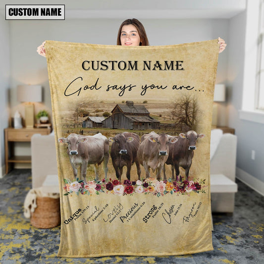 God Says You Are Personalized Name Brown Swiss Blanket, Farm Blanket, Farm Animal Blanket
