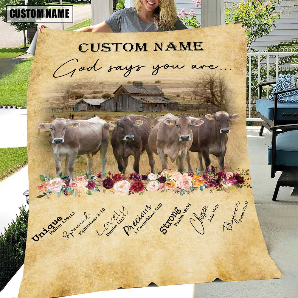 God Says You Are Personalized Name Brown Swiss Blanket, Farm Blanket, Farm Animal Blanket