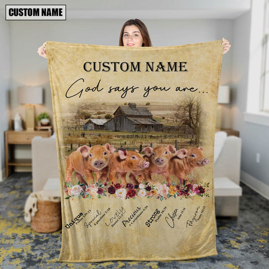 God Says You Are Personalized Name Pig Brown Blanket, Farm Blanket, Farm Animal Blanket