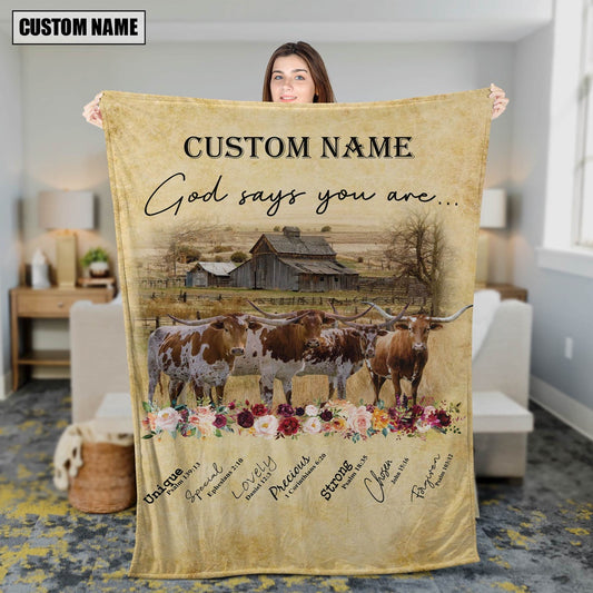 God Says You Are Personalized Name Texas Longhorn Blanket, Farm Blanket, Farm Animal Blanket