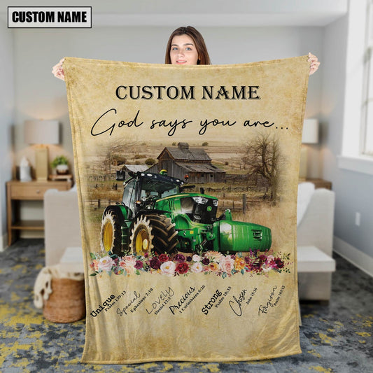 God Says You Are Personalized Name Tractor Blanket, Farm Blanket, Farm Animal Blanket