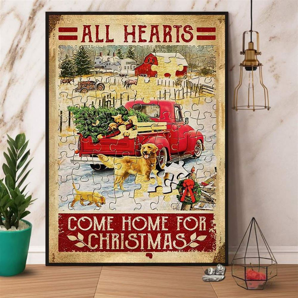 Golden Retriever Farm All Hearts Come Home For Christmas Xmas Wreath Canvas, Farm Canvas, Farm Art Decor