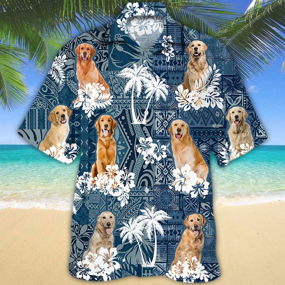 Golden Retriever Hawaiian Tropical Plants Pattern Blue And White All Over Printed Hawaiian Shirt, Farm Hawaiian Shirt, Farmer Hawaii