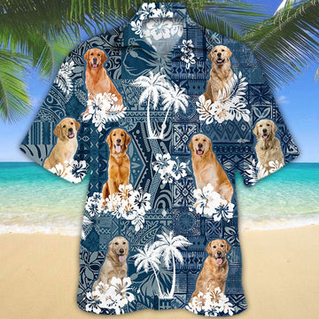 Golden Retriever Hawaiian Tropical Plants Pattern Blue And White All Over Printed Hawaiian Shirt, Farm Hawaiian Shirt, Farmer Hawaii