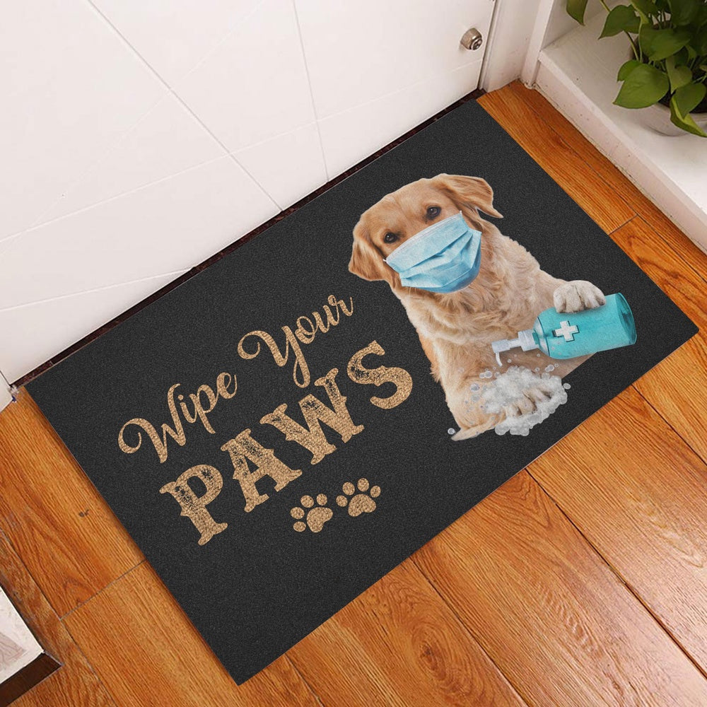 Golden Retriever Welcome Doormat, Funny Golden Retriever Dog Wearing Face Mask Wipe Your Paws Welcome Doormat, Pets Home Decor Door Mat