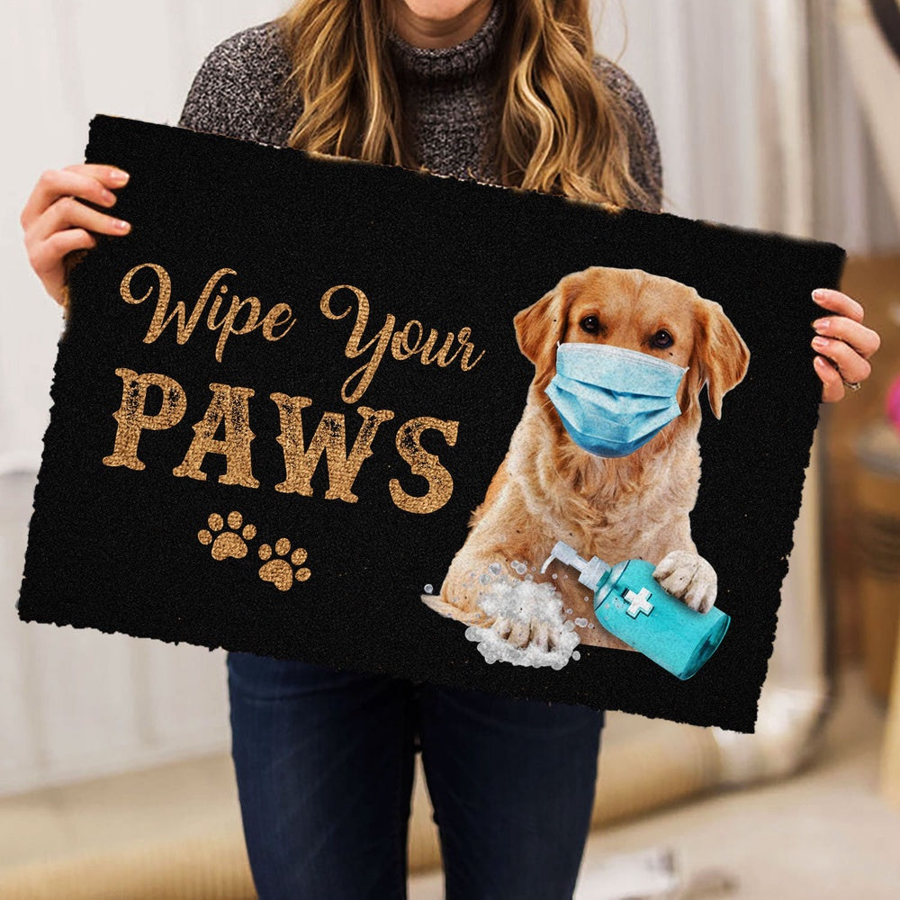 Golden Retriever Welcome Doormat, Funny Golden Retriever Dog Wearing Face Mask Wipe Your Paws Welcome Doormat, Pets Home Decor Door Mat