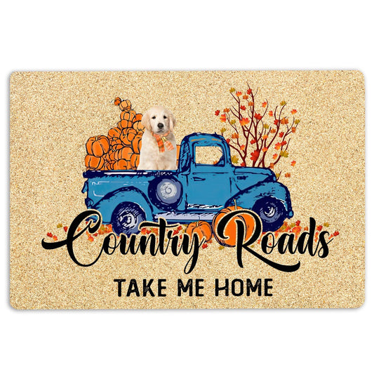 Golden Retriever Welcome Doormat, Golden Retriever Country Road Take Me Home Fall Pumpkins Autumn Welcome Doormat, Pets Home Decor Door Mat