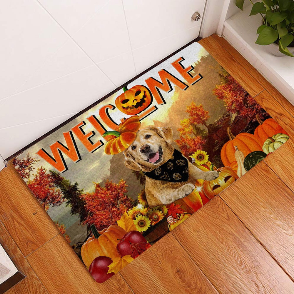 Golden Retriever Welcome Doormat, Golden Retriever Pumpkin Thanksgiving Autumn Happy Fall Y'all Welcome Doormat, Pets Home Decor Door Mat