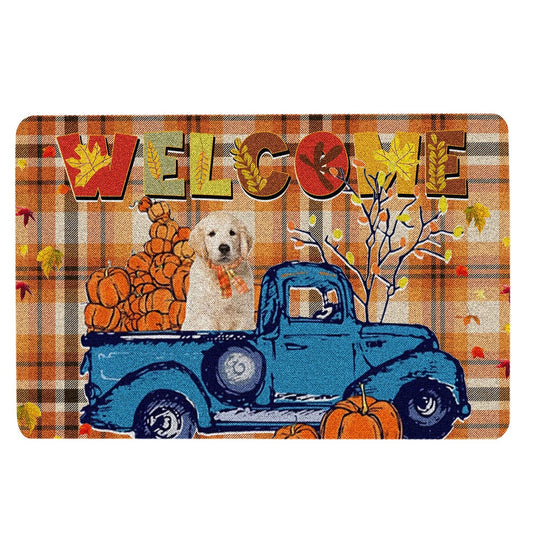 Golden Retriever Welcome Doormat, Golden Retriever Pumpkin Truck Autumn Happy Fall Y'all Welcome Doormat, Pets Home Decor Door Mat