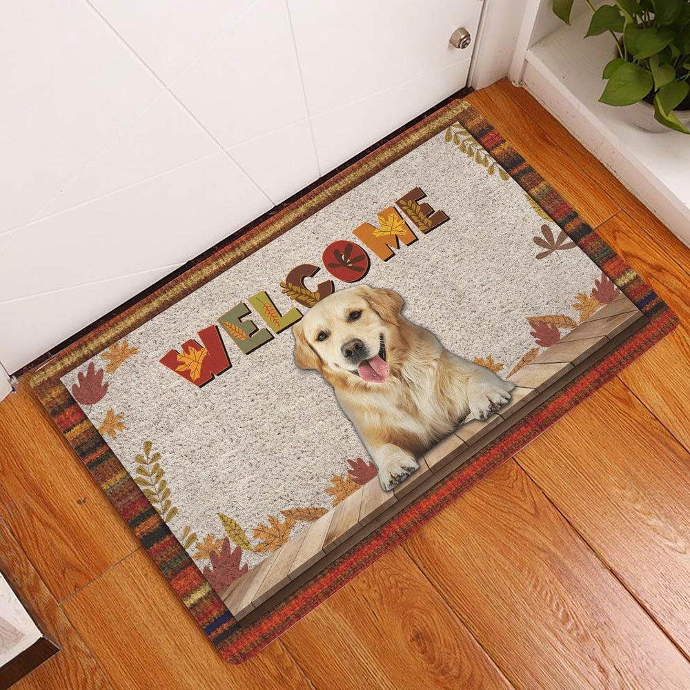 Golden Retriever Welcome Doormat, Golden Retriever Welcome Fall Autumn Pumpkin Spice Maple Leaf Welcome Doormat, Pets Home Decor Door Mat