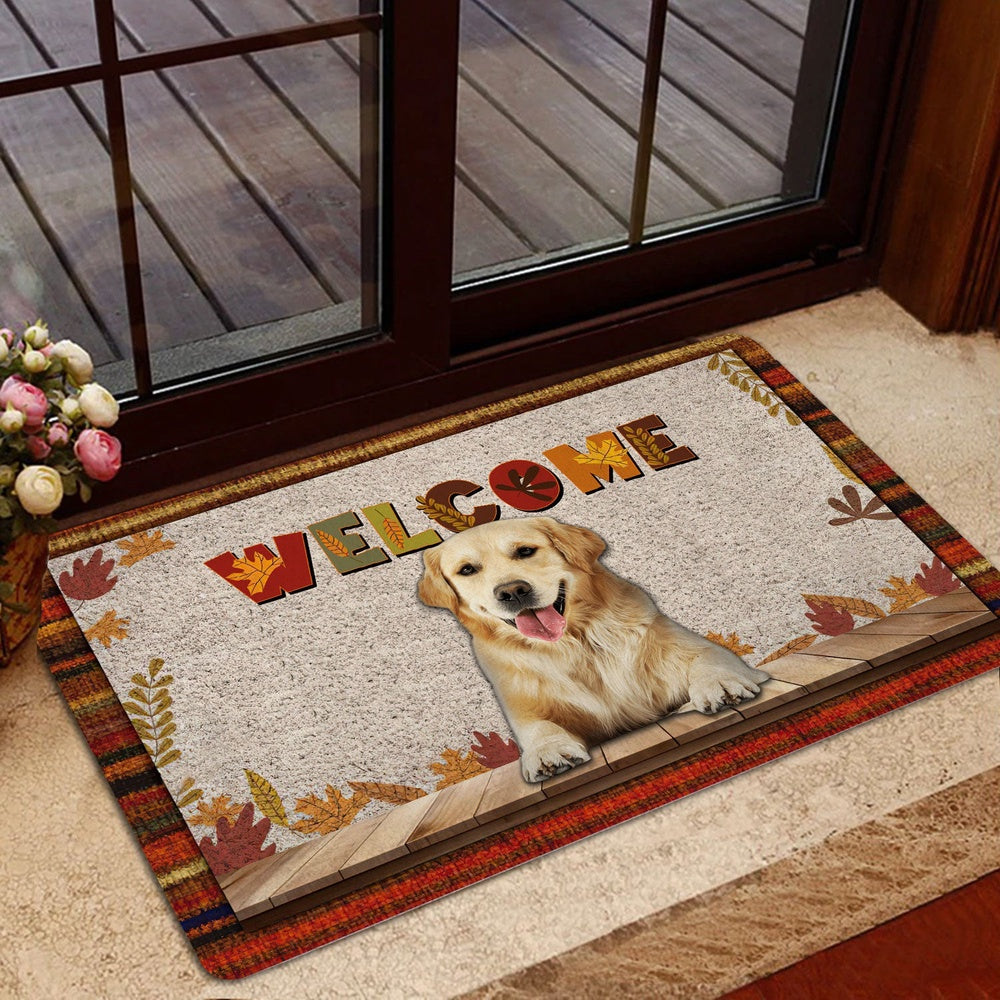Golden Retriever Welcome Doormat, Golden Retriever Welcome Fall Autumn Pumpkin Spice Maple Leaf Welcome Doormat, Pets Home Decor Door Mat