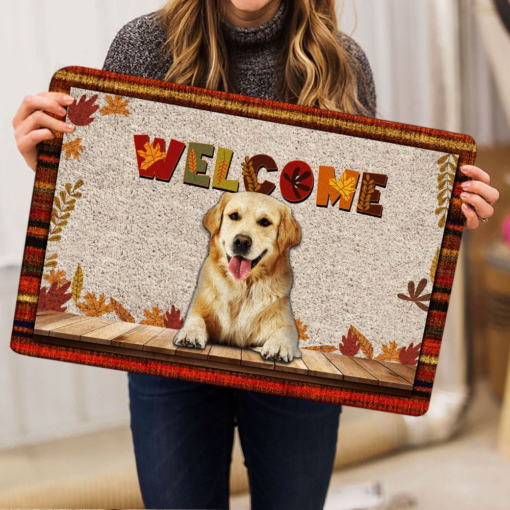 Golden Retriever Welcome Doormat, Golden Retriever Welcome Fall Autumn Pumpkin Spice Maple Leaf Welcome Doormat, Pets Home Decor Door Mat