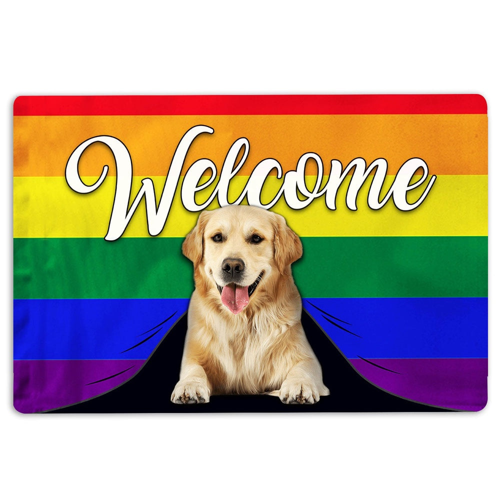 Golden Retriever Welcome Doormat, LGBT Golden Retriever Dog Welcome Pride Rainbow Flag Welcome Doormat, Pets Home Decor Door Mat
