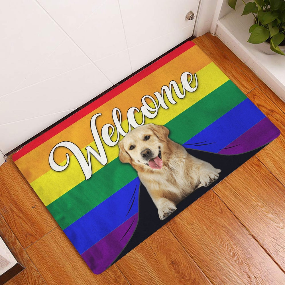 Golden Retriever Welcome Doormat, LGBT Golden Retriever Dog Welcome Pride Rainbow Flag Welcome Doormat, Pets Home Decor Door Mat