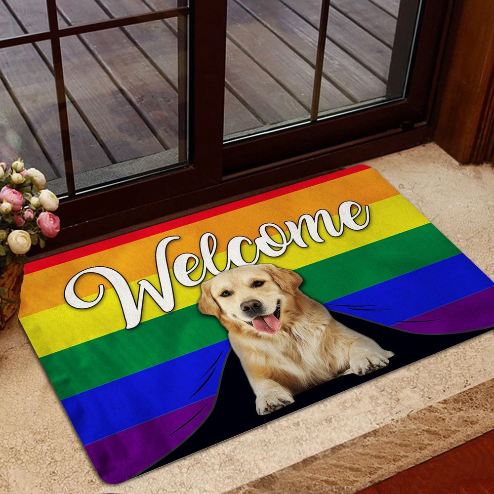 Golden Retriever Welcome Doormat, LGBT Golden Retriever Dog Welcome Pride Rainbow Flag Welcome Doormat, Pets Home Decor Door Mat