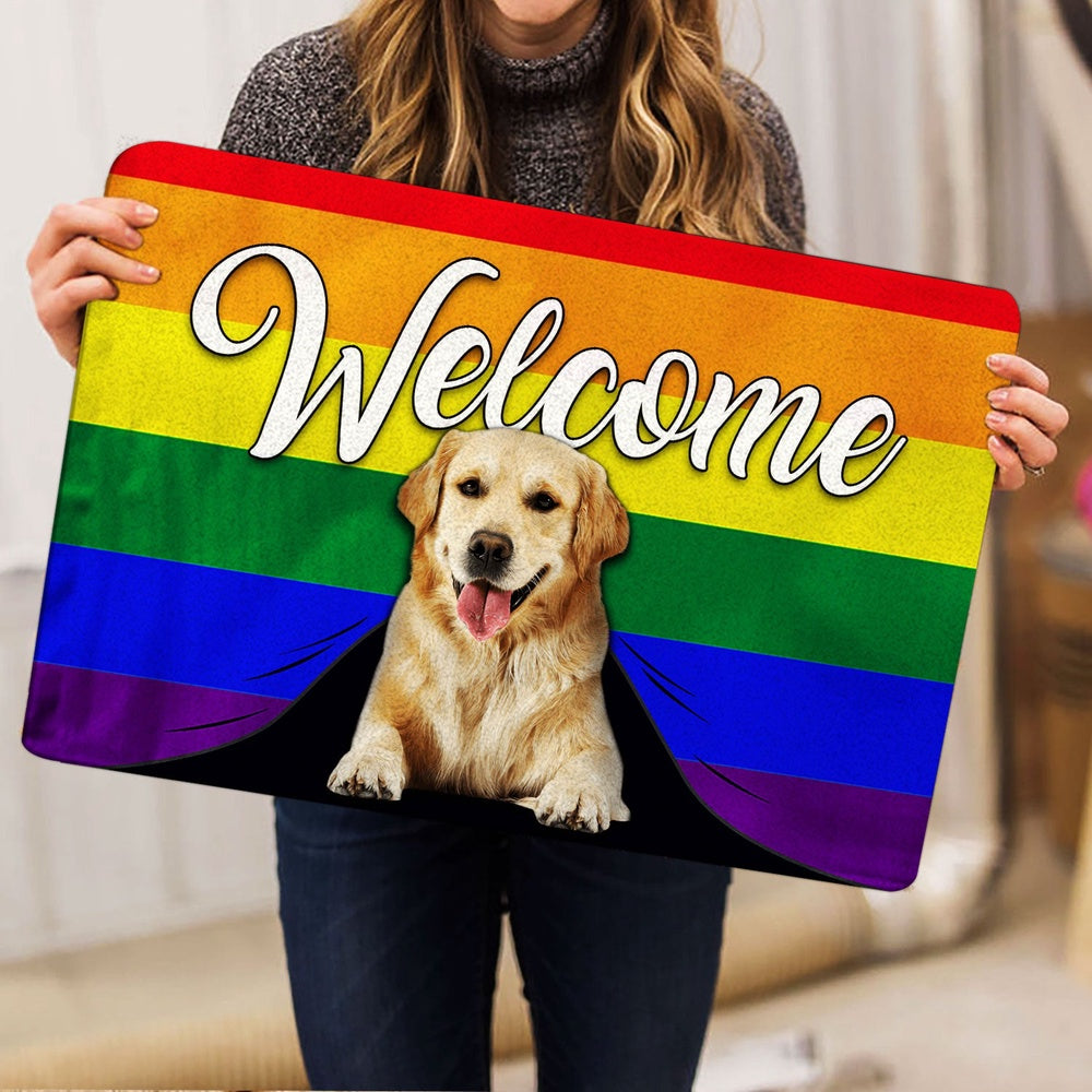 Golden Retriever Welcome Doormat, LGBT Golden Retriever Dog Welcome Pride Rainbow Flag Welcome Doormat, Pets Home Decor Door Mat