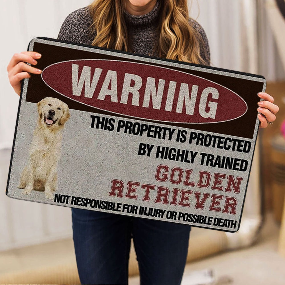 Golden Retriever Welcome Doormat, This Property is Protected by a Highly Trained Golden Retriever Welcome Doormat, Pets Home Decor Door Mat