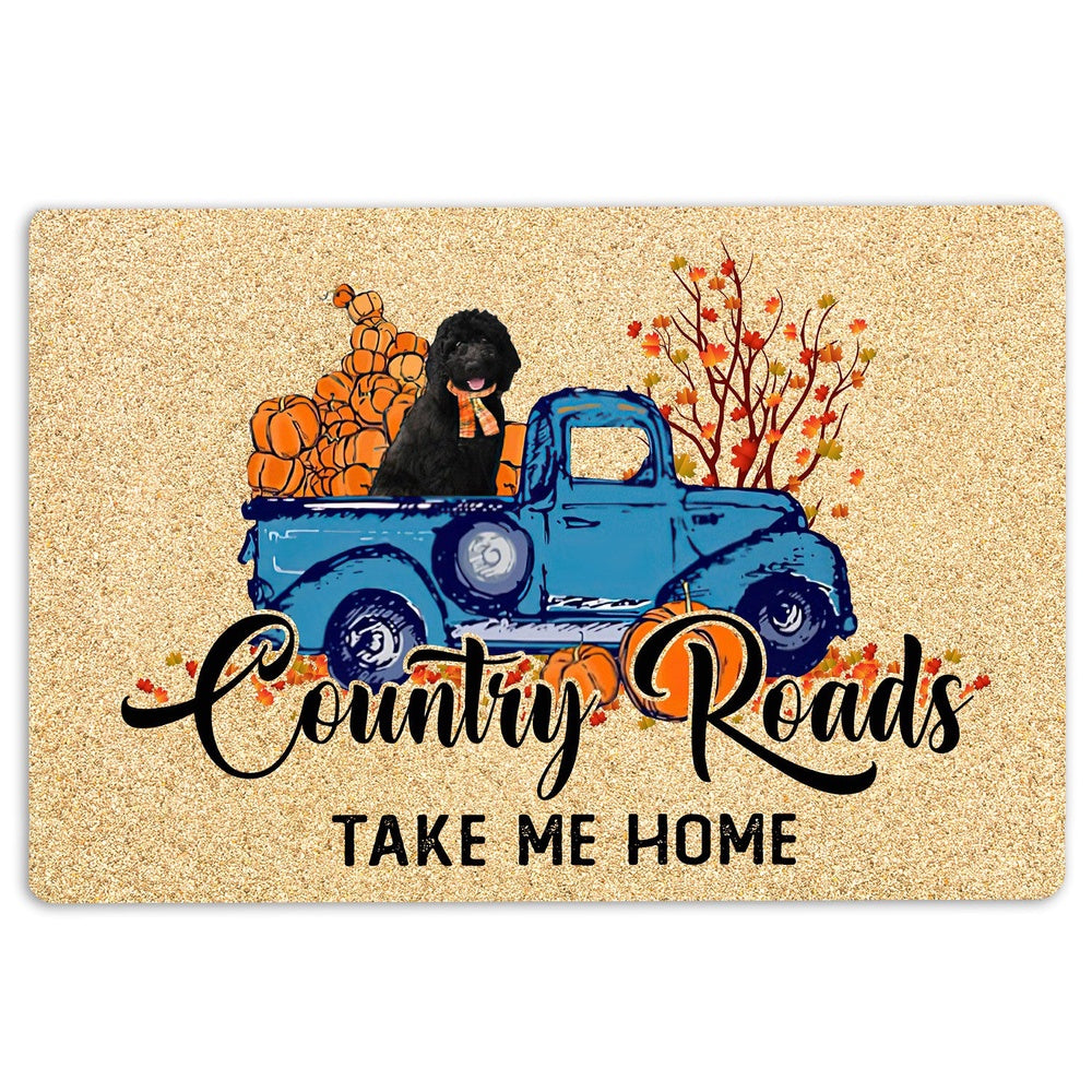 Goldendoodle Welcome Doormat, Black Goldendoodle Country Road Take Me Home Fall Pumpkin Autumn Welcome Doormat, Pets Home Decor Door Mat