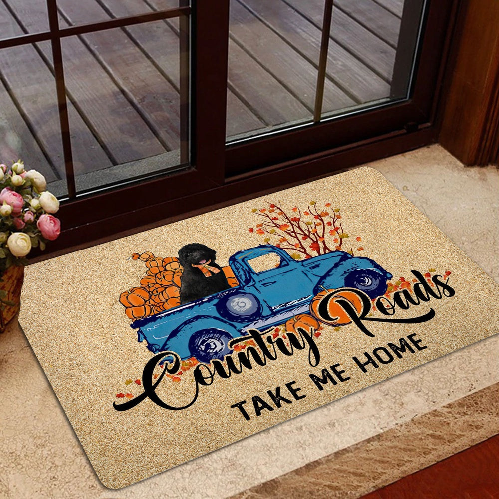 Goldendoodle Welcome Doormat, Black Goldendoodle Country Road Take Me Home Fall Pumpkin Autumn Welcome Doormat, Pets Home Decor Door Mat