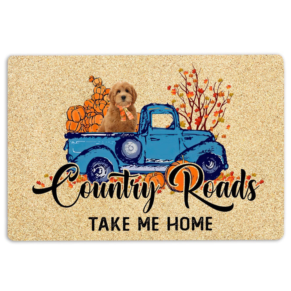 Goldendoodle Welcome Doormat, Goldendoodle Dog Country Road Take Me Home Fall Pumpkins Autumn Welcome Doormat, Pets Home Decor Door Mat
