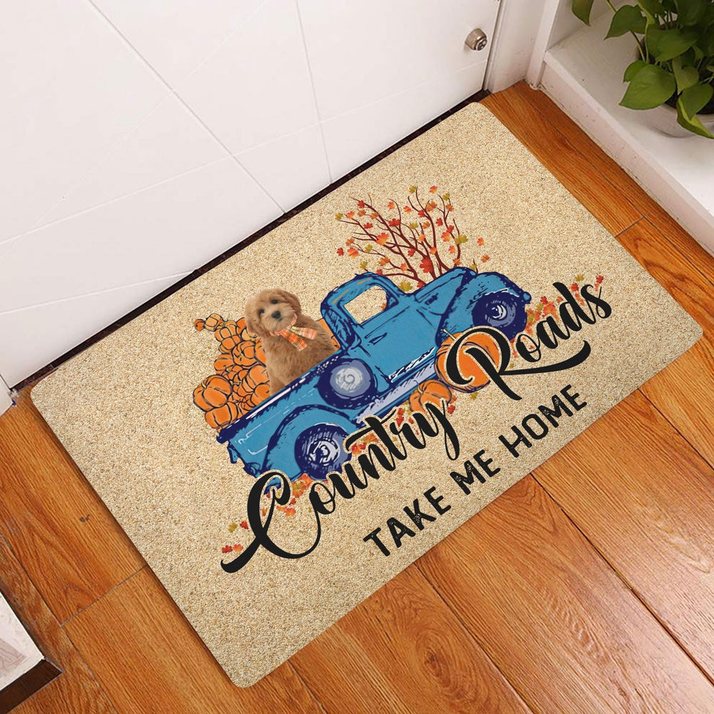 Goldendoodle Welcome Doormat, Goldendoodle Dog Country Road Take Me Home Fall Pumpkins Autumn Welcome Doormat, Pets Home Decor Door Mat