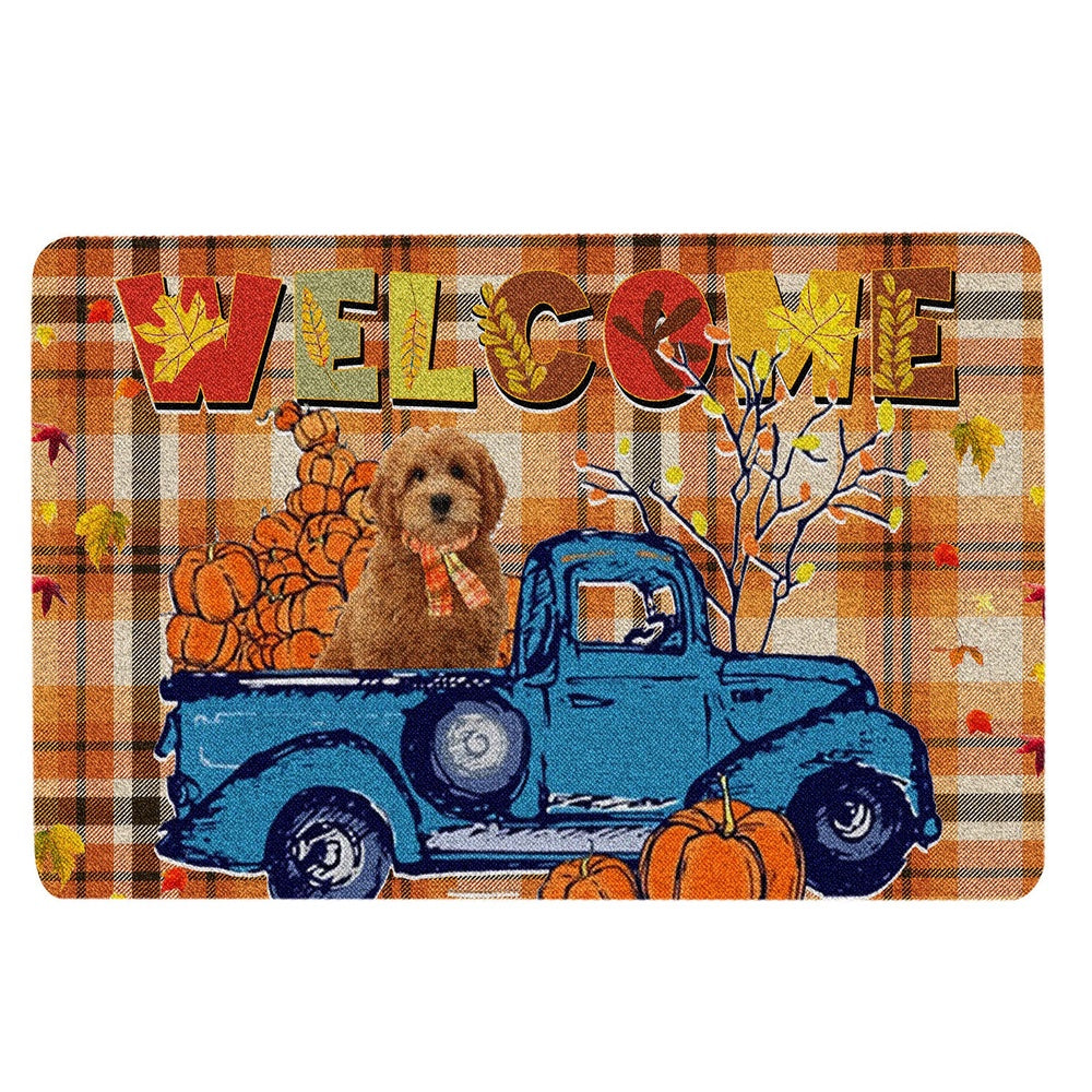 Goldendoodle Welcome Doormat, Goldendoodle Pumpkin Truck Autumn Happy Fall Y'all Thanksgiving Welcome Doormat, Pets Home Decor Door Mat