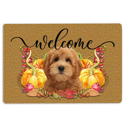 Goldendoodle Welcome Doormat, Pumpkin Spice Goldendoodle Dog Welcome Fall Autumn Welcome Doormat, Pets Home Decor Door Mat