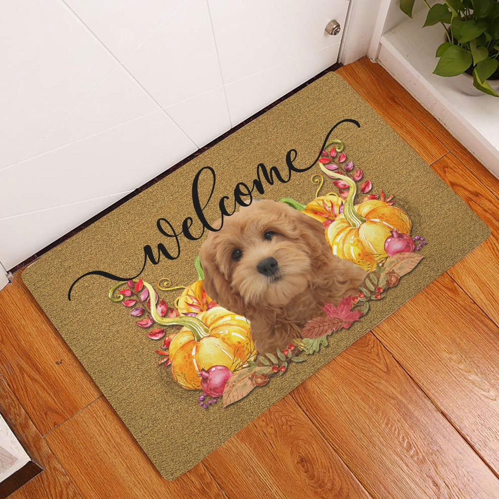 Goldendoodle Welcome Doormat, Pumpkin Spice Goldendoodle Dog Welcome Fall Autumn Welcome Doormat, Pets Home Decor Door Mat