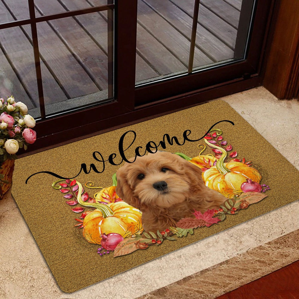 Goldendoodle Welcome Doormat, Pumpkin Spice Goldendoodle Dog Welcome Fall Autumn Welcome Doormat, Pets Home Decor Door Mat