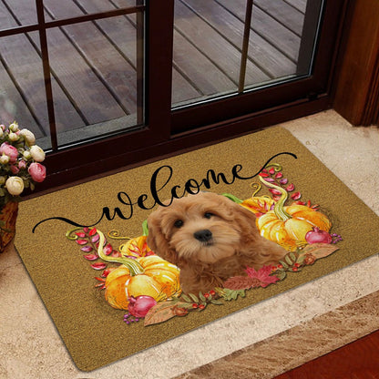 Goldendoodle Welcome Doormat, Pumpkin Spice Goldendoodle Dog Welcome Fall Autumn Welcome Doormat, Pets Home Decor Door Mat