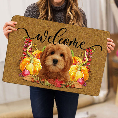 Goldendoodle Welcome Doormat, Pumpkin Spice Goldendoodle Dog Welcome Fall Autumn Welcome Doormat, Pets Home Decor Door Mat