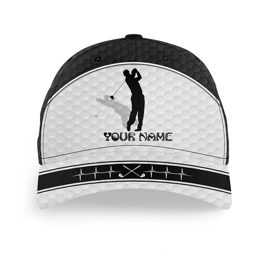Golfer Hat Custom Name Golf Heartbeat Black & White Golf Hats Unisex Baseball Mens Golf Hats, Golf Baseball Cap