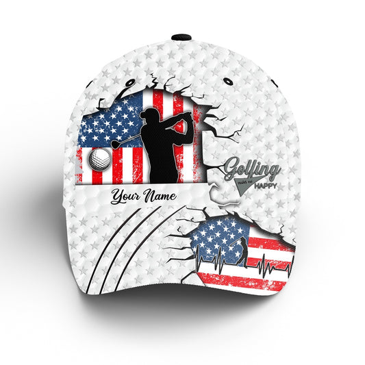 Golfing Makes Me Happy Custom Name American Flag Golf Hat Unisex Baseball Golf Cap Hat, Golf Baseball Cap