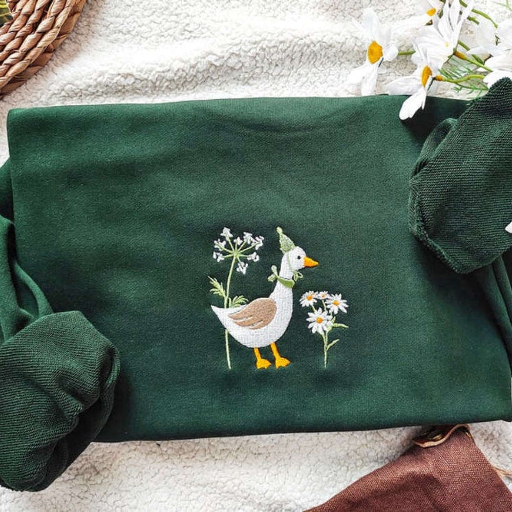 Goose And Daisy Embroidered Sweatshirt 2D Crewneck Sweatshirt Gift For Family, Christmas Embroidered, Christmas Gifts