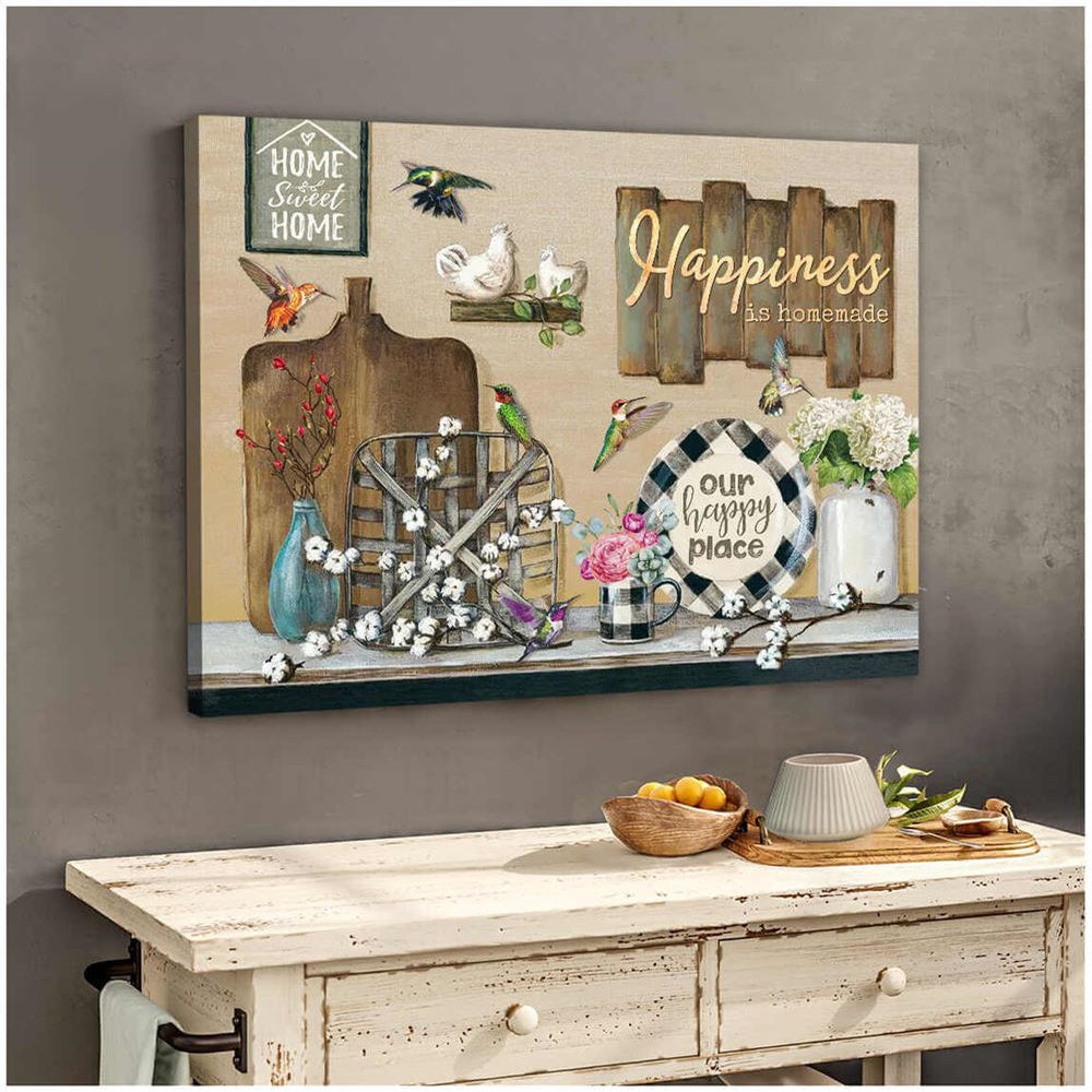 Gorgeous Farmhouse Hummingbird Canvas Happiness Is Homemade Home Sweet Home Canvas, Farmhouse Canvas, Farm Gift, Farm Home Decor