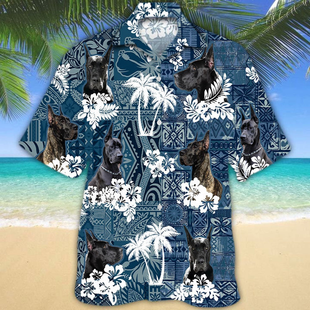 Great Dane Hawaiian Tropical Plants Pattern Blue And White All Over Printed Hawaiian Shirt, Farm Hawaiian Shirt, Farmer Hawaii